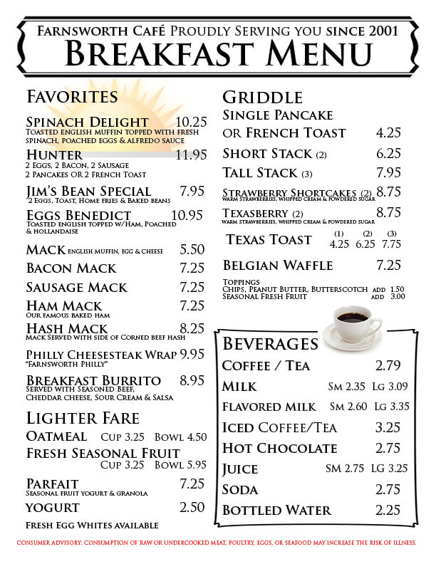 Farnsworth Cafe Menu